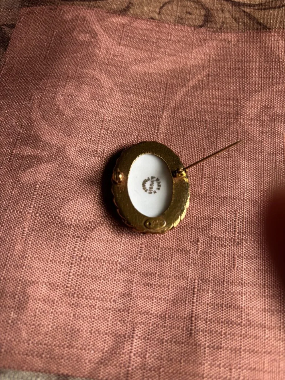 Vintage GOLDETTE NY Limoges Porcelain Portrait Brooch Lady in Blue Dress